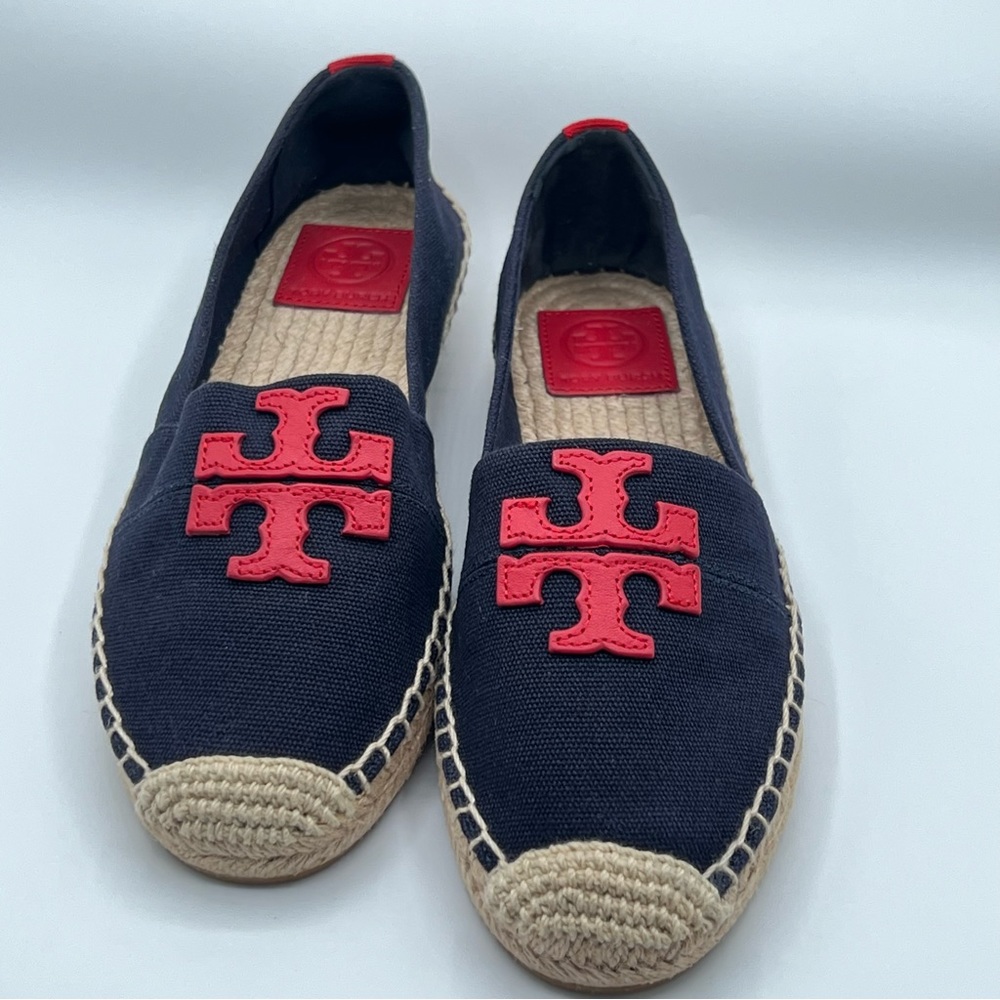 Tory Burch Weston Flat Espadrille Navy & Red Canvas Calf Logo Shoes,